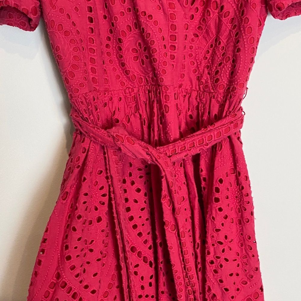 Badgley Mischka Eyelet Belted Vneck Midi Dress Red Raspberry Pink Puff Sleeve 4 - Picture 5 of 8